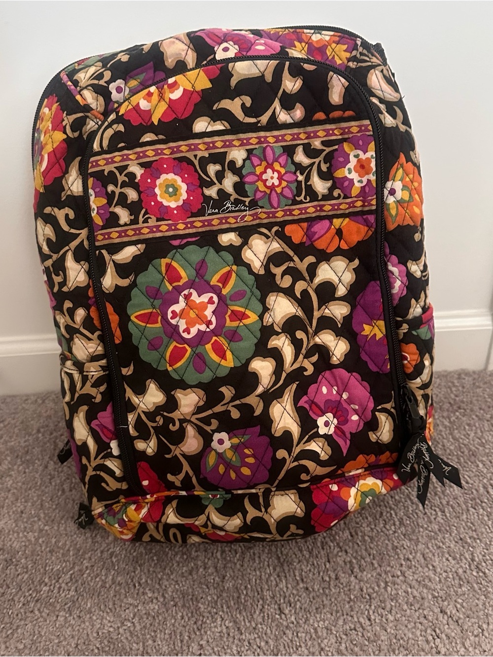 Vera Bradley Black Quilted Backpack with Purple, Green & Orange Floral Print